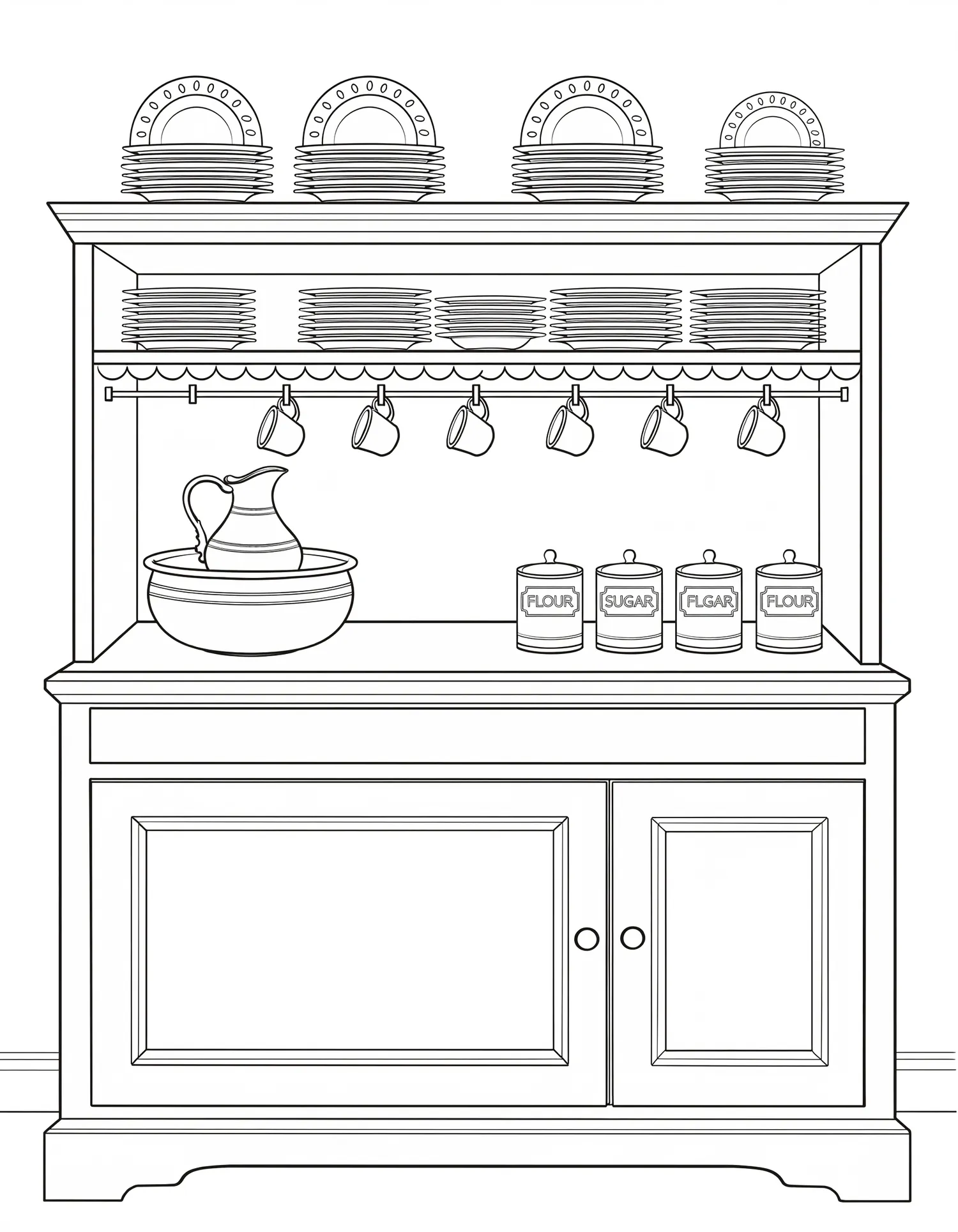 Buffet de Cuisine Campagnard Années 1900, Coloriage cuisine à imprimer gratuitement